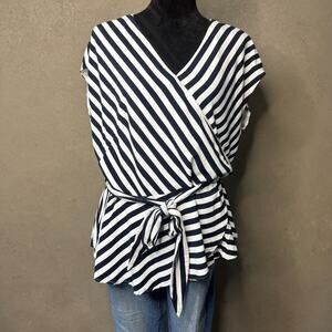 LOFT Black and White Striped Wrap Top Tie Waist Cap Sleeve Size L